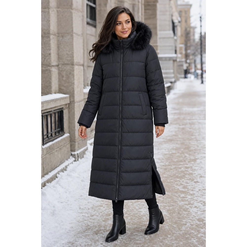 Lands End Maxi Down Puffer Coat Women's XL 18 Black Hooded Longline Faux Fur